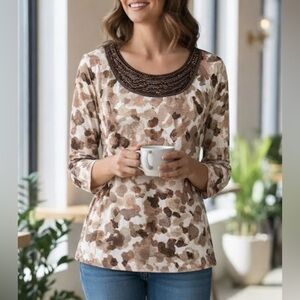 NWT Dana Buchman Beaded Neckline Top Brown & Tan Bronze Embellishment Sz XL